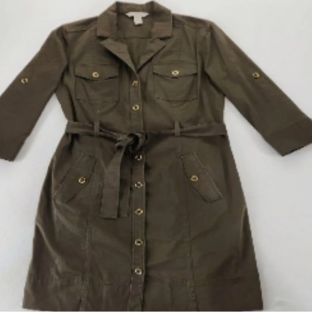 Banana Republic Shirt Dress Womens Olive Green 3/4 Sleeve Belted Army Style Sz 0 - Picture 1 of 6